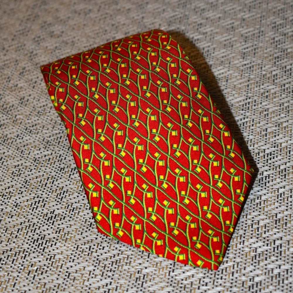 Salvatore Ferragamo Necktie Mens Red Green Yellow Silk Geometric Made in Italy